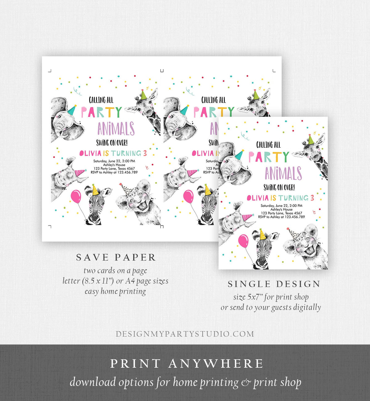 Editable Party Animals Birthday Invitation Wild One Animals Invitation Zoo Safari Animals Girl Download Printable Invite Template Corjl 0390