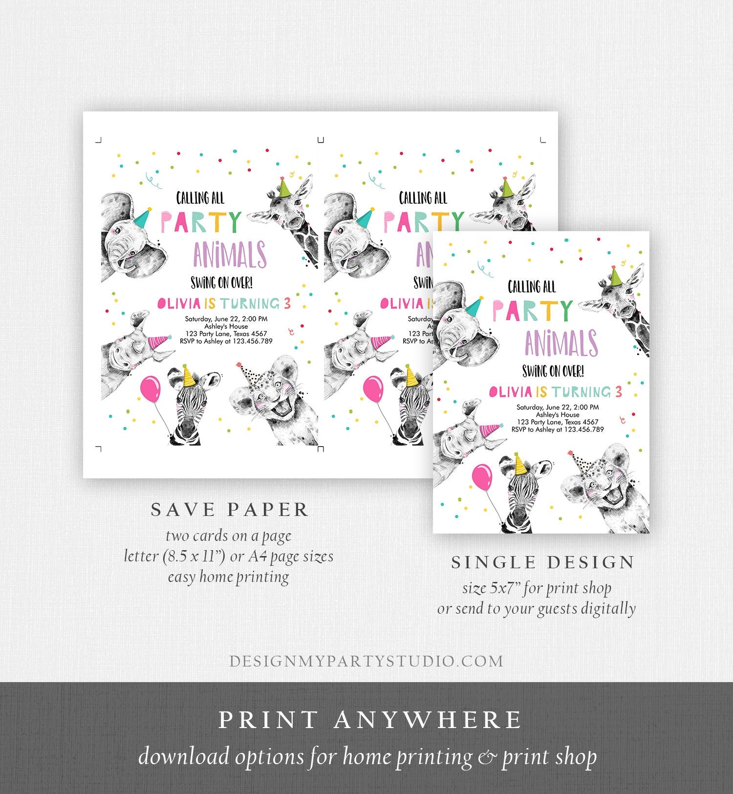 Editable Party Animals Birthday Invitation Wild One Animals Invitation Zoo Safari Animals Girl Download Printable Invite Template Corjl 0390