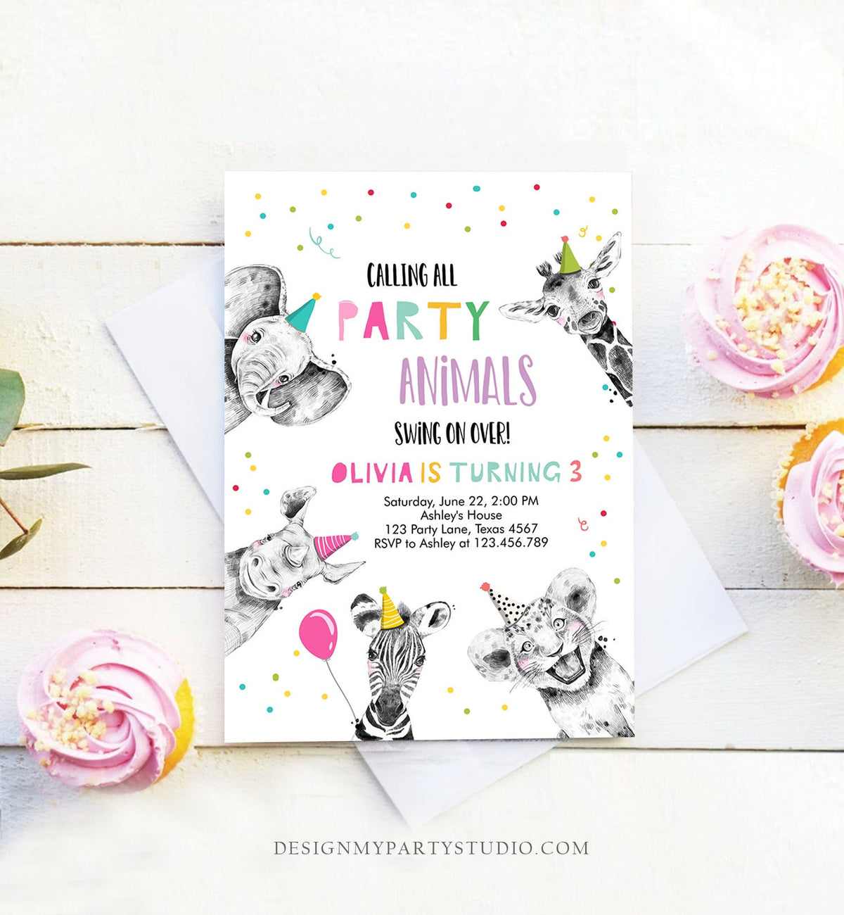 Editable Party Animals Birthday Invitation Wild One Animals Invitation Zoo Safari Animals Girl Download Printable Invite Template Corjl 0390