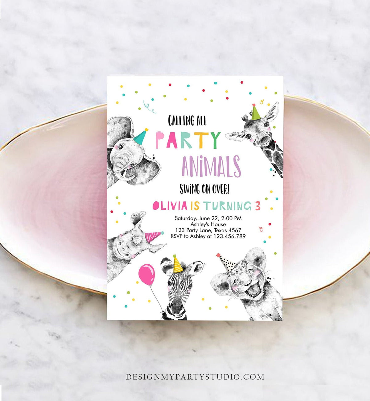 Editable Party Animals Birthday Invitation Wild One Animals Invitation Zoo Safari Animals Girl Download Printable Invite Template Corjl 0390