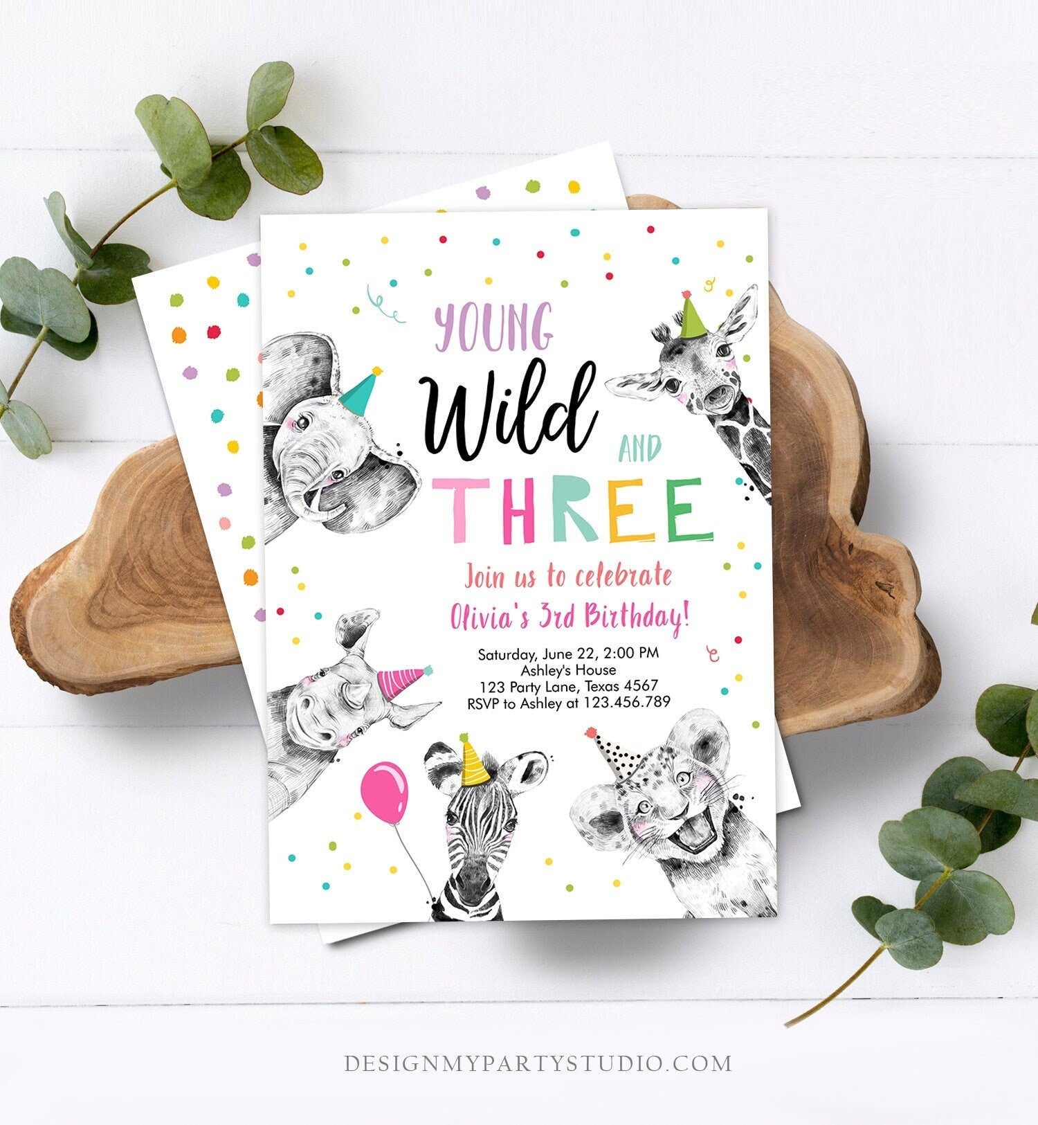 Editable Young Wild and Three Birthday Invitation Girl Pink and Gold Safari Party Animals Digital Download Evite Template Printable 0390