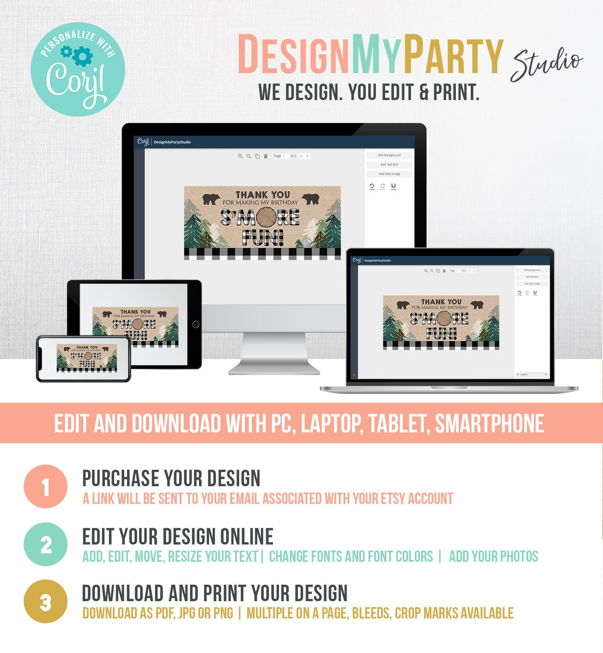 Editable Lumberjack Treat Bag Toppers Smore Fun Birthday Party Wild One Black White Buffalo Plaid Shower S&#39;more Digital Corjl Template 0026