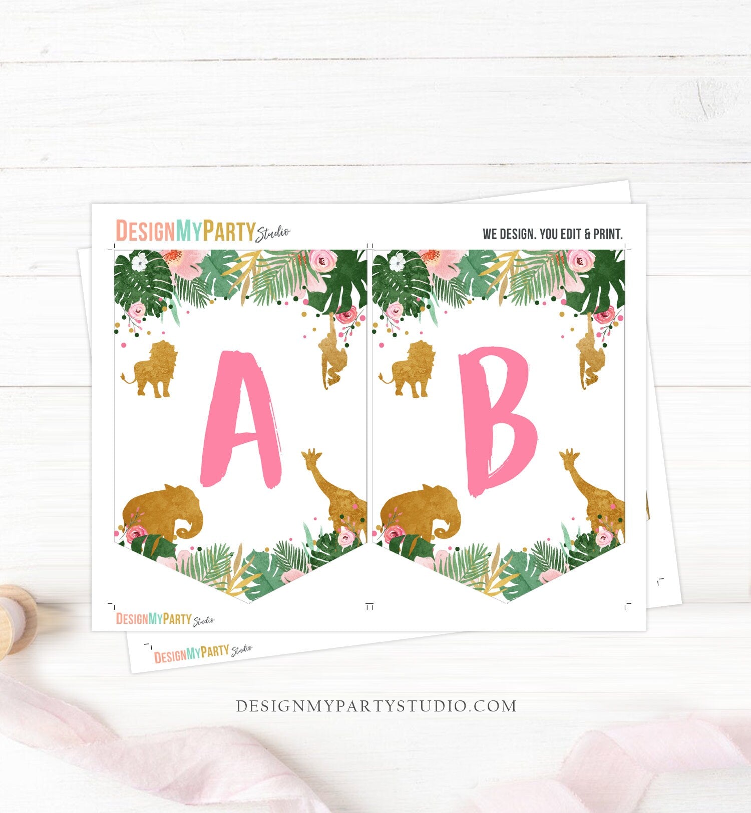 Safari Animals Birthday Banner A-Z Alphabet Numbers Banner First Happy Birthday Banner Zoo Green Pink Girl Jungle Decor Printable 0016
