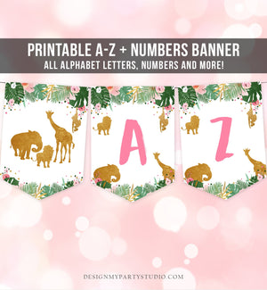 Safari Animals Birthday Banner A-Z Alphabet Numbers Banner First Happy Birthday Banner Zoo Green Pink Girl Jungle Decor Printable 0016