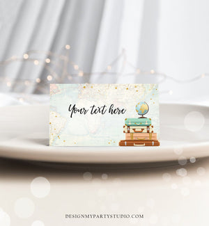 Editable Travel Adventure Food Labels Place Card Tent Card Escort Card Bridal Shower Suitcases Gold Confetti Corjl Template Printable 0263