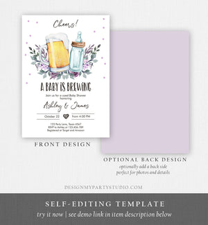 Editable A Baby is Brewing Invitation Bottle and Beers Baby Shower Cheers Coed Couples Shower Purple Download Printable Template Corjl 0190