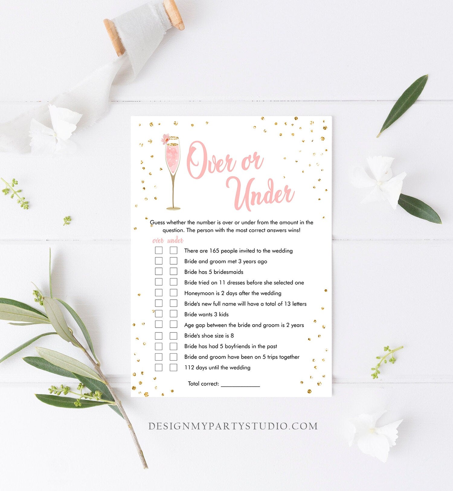 Editable Over or Under Bridal Shower Game Brunch and Bubbly More or Less Guess Wedding Shower Activity Gold Corjl Template Printable 0150