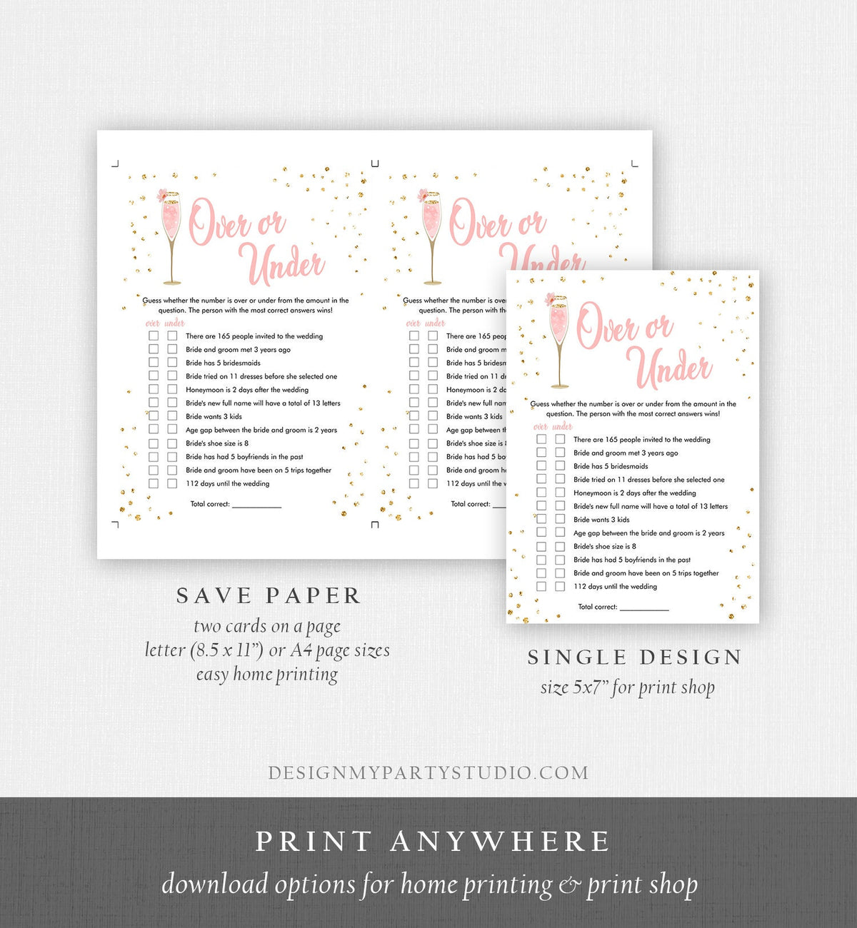 Editable Over or Under Bridal Shower Game Brunch and Bubbly More or Less Guess Wedding Shower Activity Gold Corjl Template Printable 0150