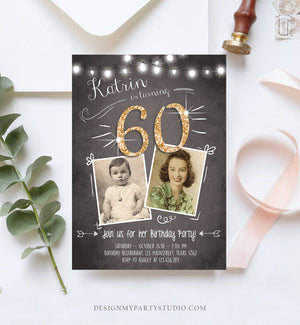 Editable 60th Birthday Invitation ANY AGE Chalkboard Rustic Adult Sixty Photo Vintage Gold Diamond Jubilee Anniversary Corjl Template 0230