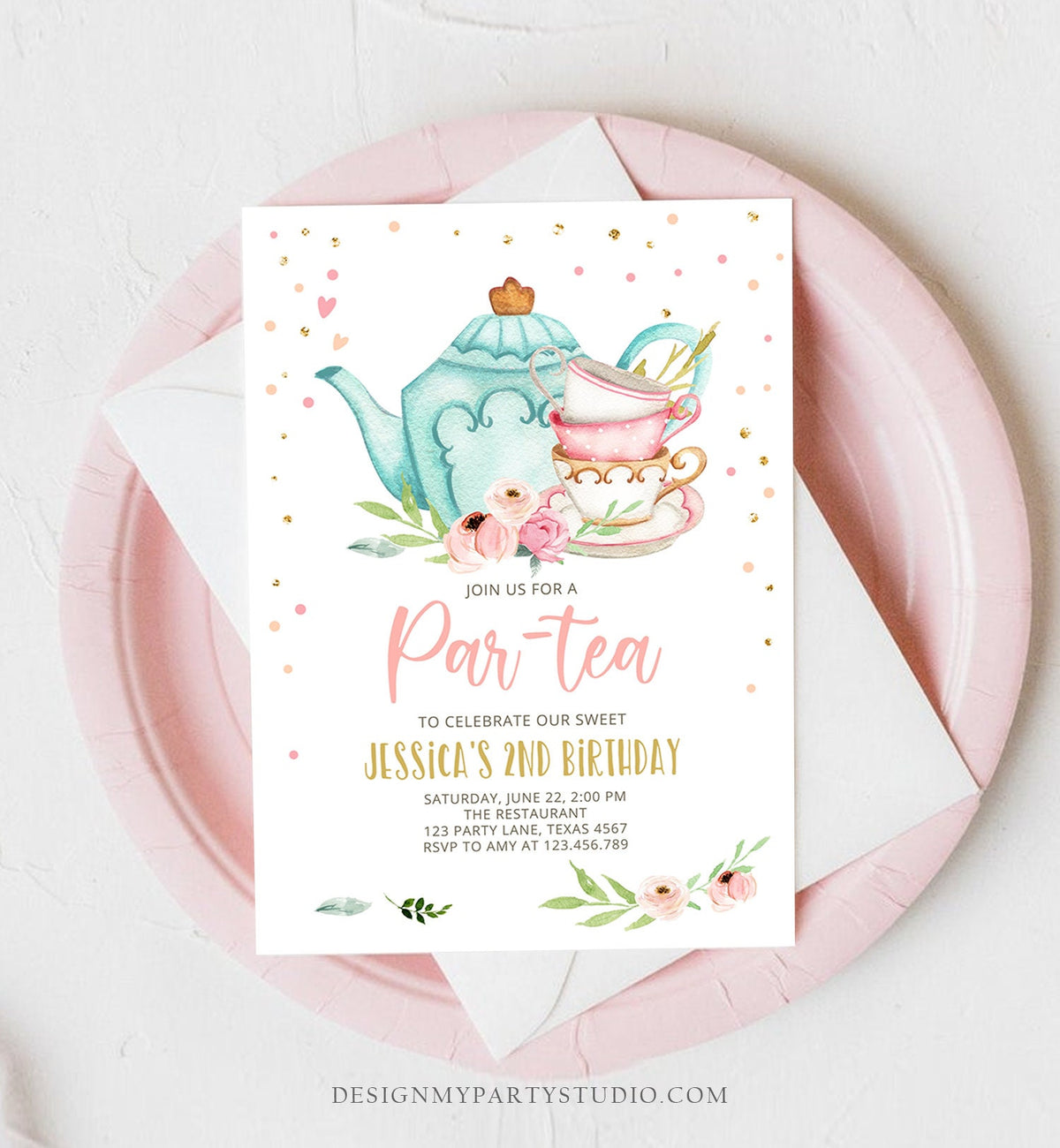 Editable Tea Party Birthday Invitation Par-Tea Birthday Invite Pink and Gold Floral Whimsical Download Printable Template Corjl Digital 0349