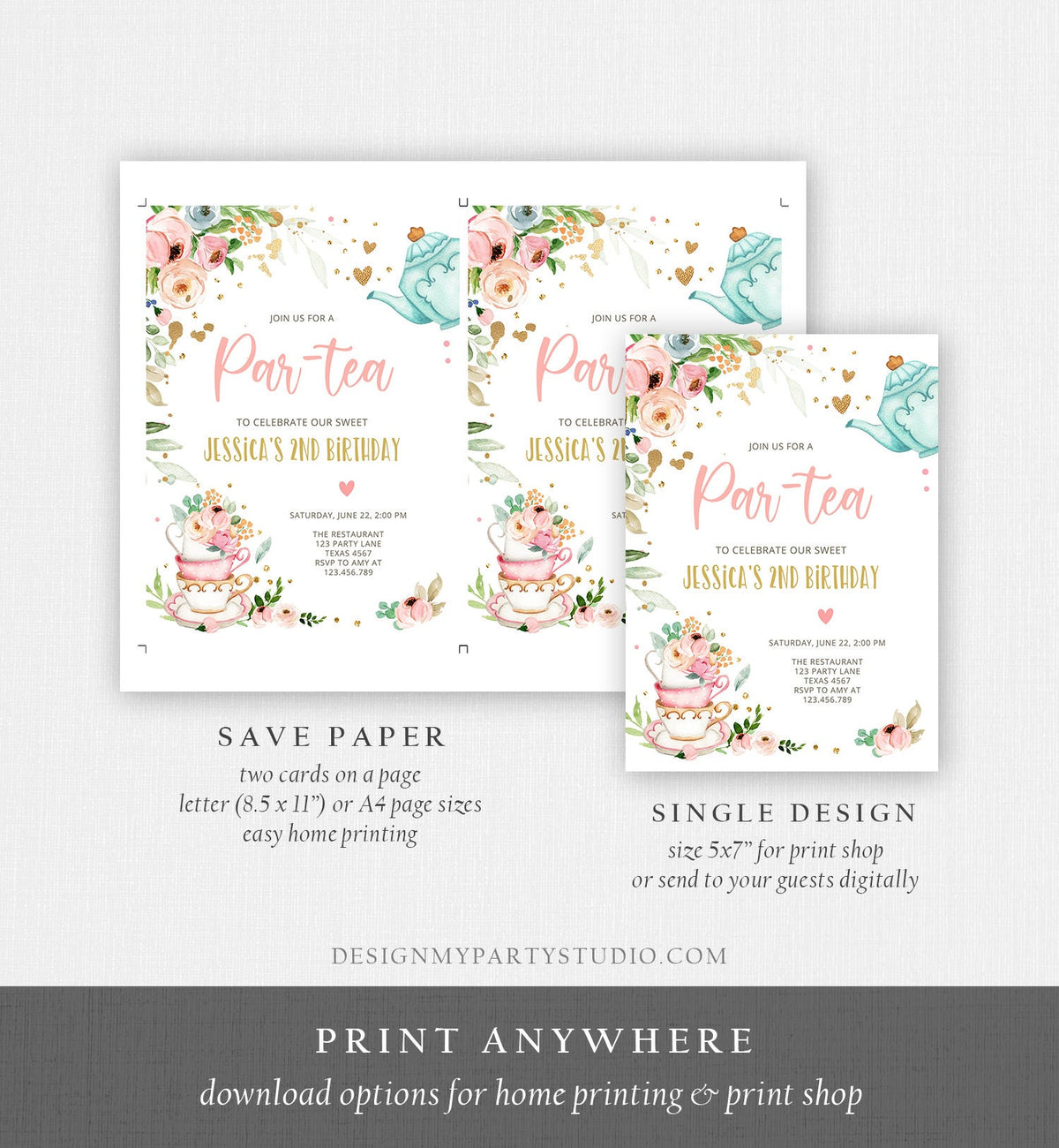 Editable Tea Party Birthday Invitation Par-Tea Birthday Invite Pink and Gold Floral Whimsical Digital Download Evite Template Printable 0349