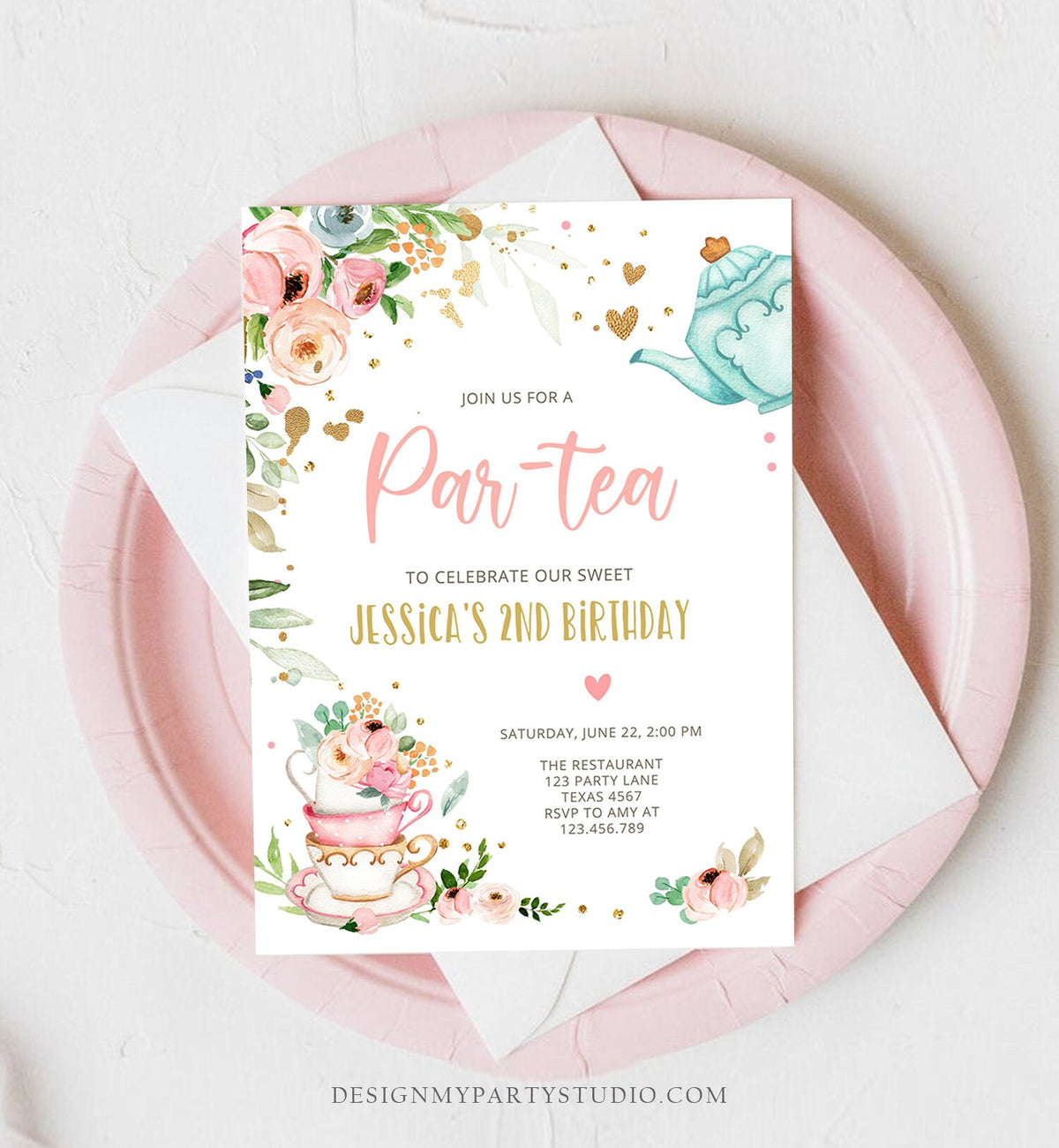 Editable Tea Party Birthday Invitation Par-Tea Birthday Invite Pink and Gold Floral Whimsical Digital Download Evite Template Printable 0349