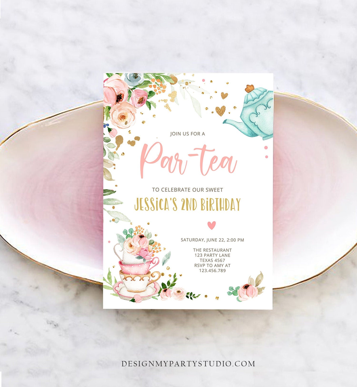 Editable Tea Party Birthday Invitation Par-Tea Birthday Invite Pink and Gold Floral Whimsical Digital Download Evite Template Printable 0349