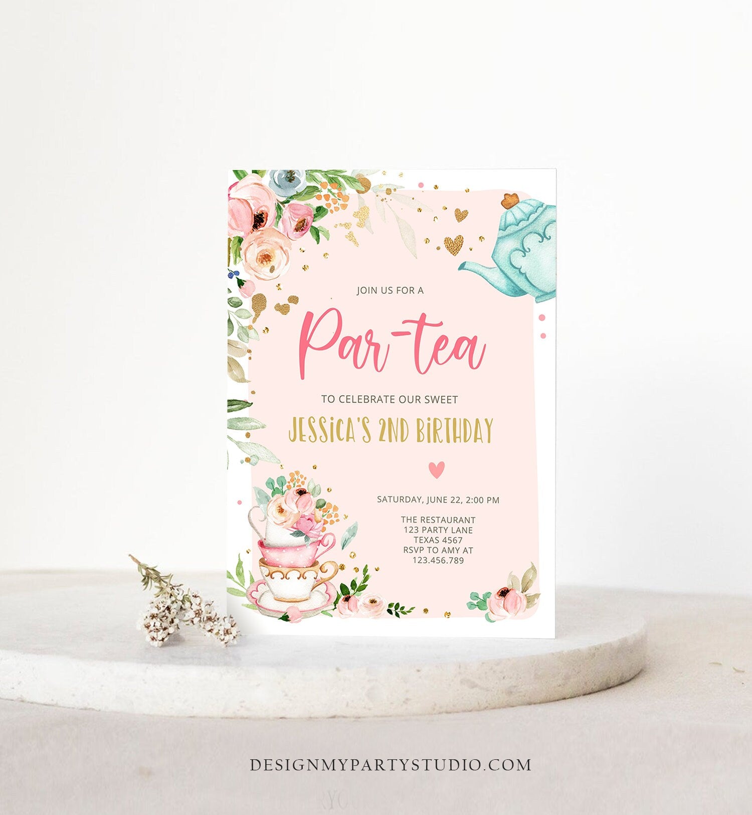 Editable Tea Party Birthday Invitation Par-Tea Birthday Invite Pink and Gold Floral Whimsical Download Printable Template Corjl Digital 0349