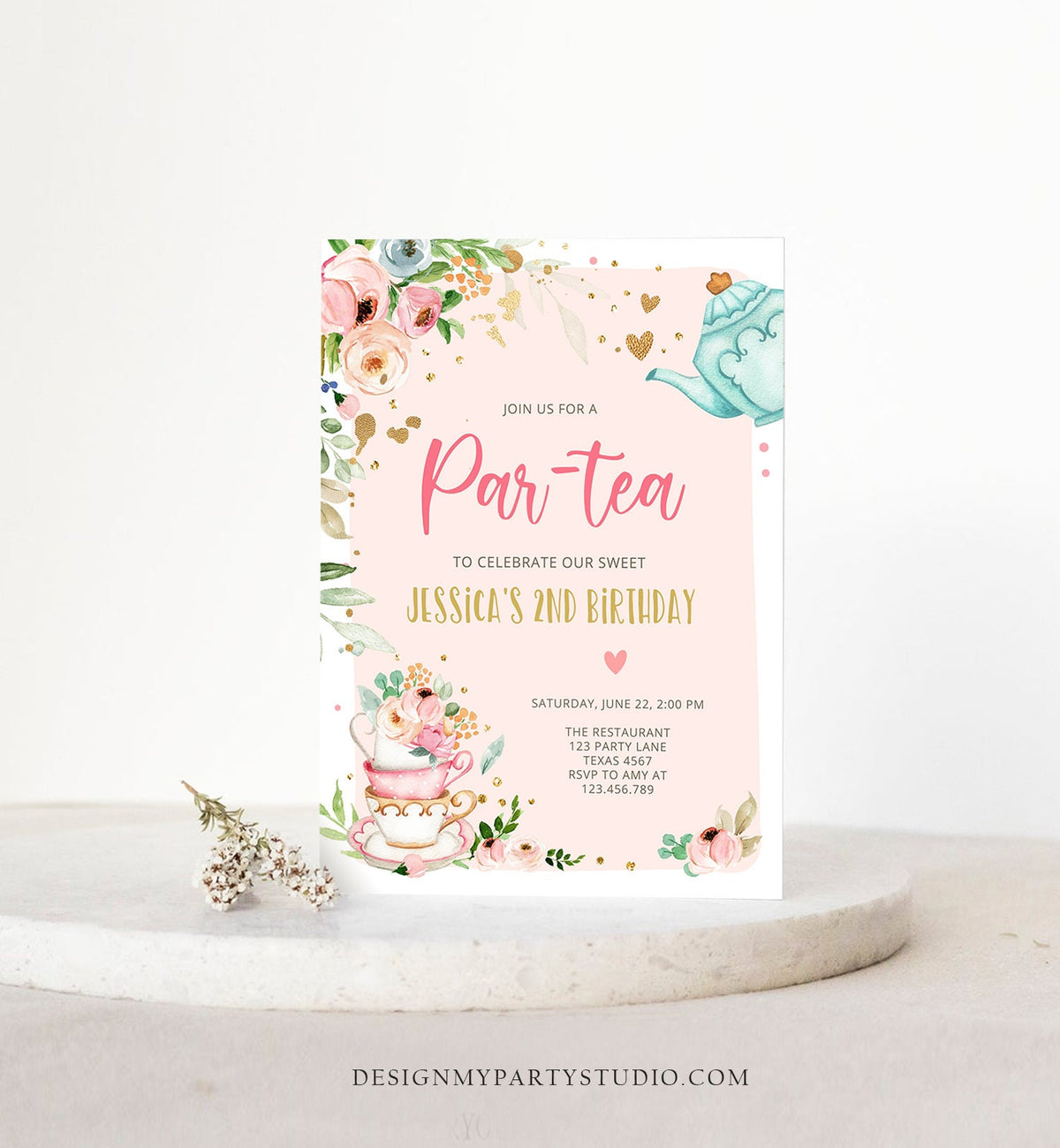 Editable Tea Party Birthday Invitation Par-Tea Birthday Invite Pink and Gold Floral Whimsical Digital Download Evite Template Printable 0349