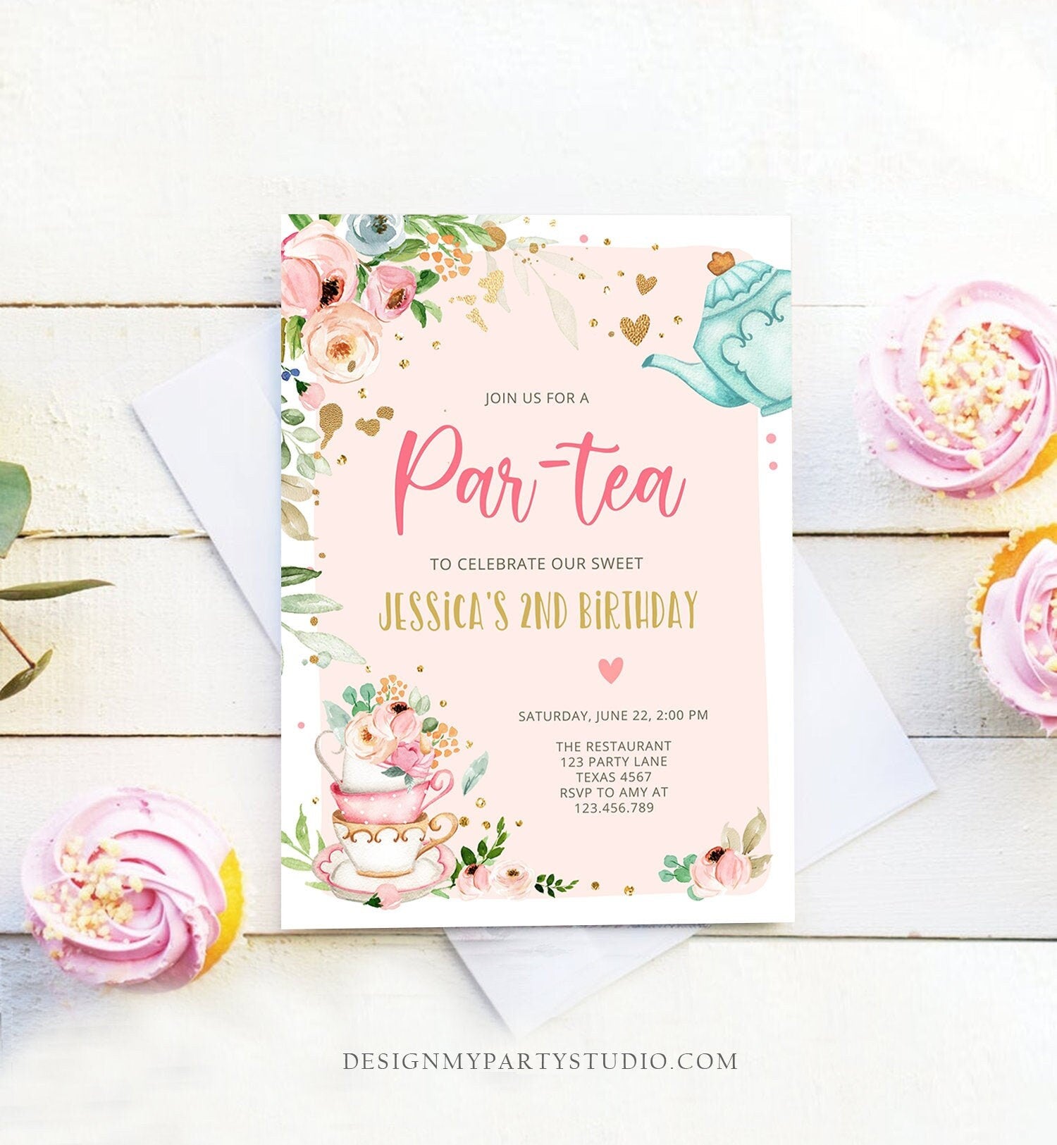 Editable Tea Party Birthday Invitation Par-Tea Birthday Invite Pink and Gold Floral Whimsical Digital Download Evite Template Printable 0349