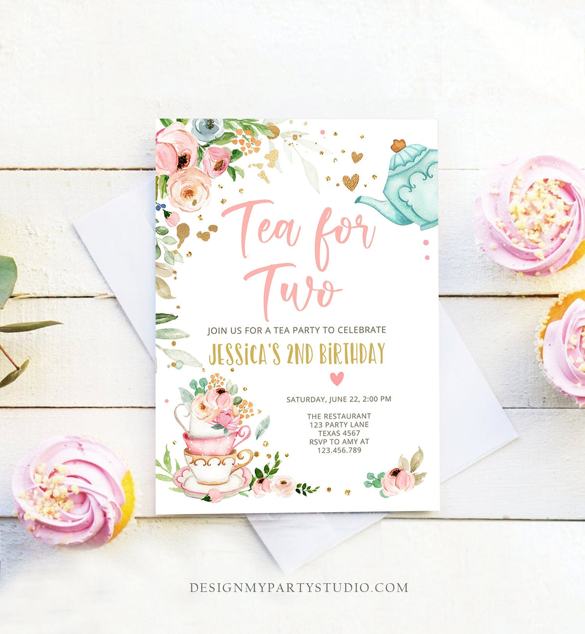 Editable Tea for Two Birthday Invitation Girl Tea Party Invite Pink Gold Floral Peach Pink Digital Download Evite Template Printable0349