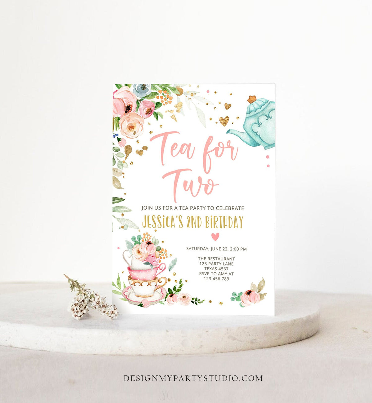 Editable Tea for Two Birthday Invitation Girl Tea Party Invite Pink Gold Floral Peach Pink Digital Download Evite Template Printable0349