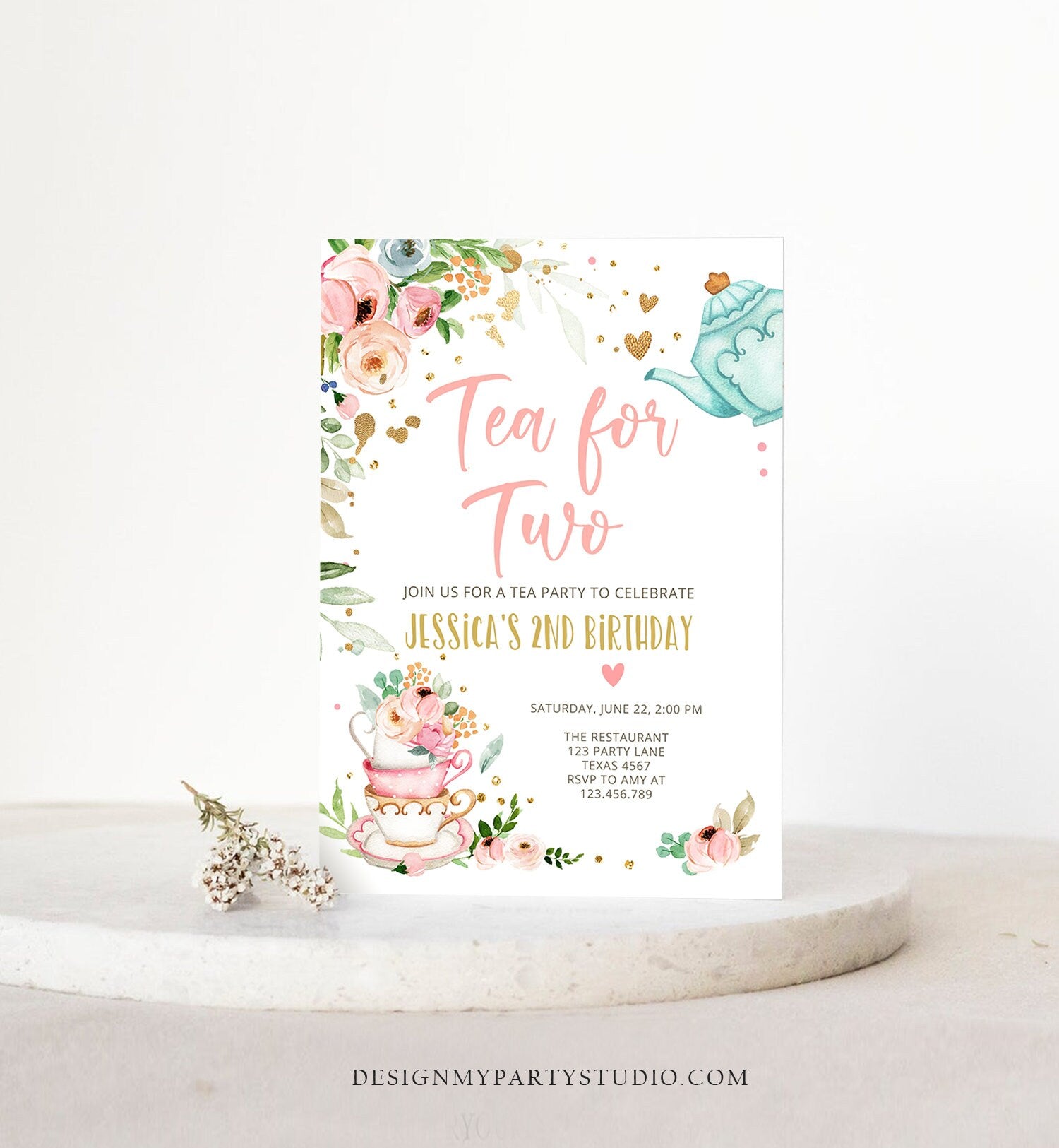 Editable Tea for Two Birthday Invitation Girl Tea Party Invite Pink Gold Floral Peach Pink Digital Download Evite Template Printable0349