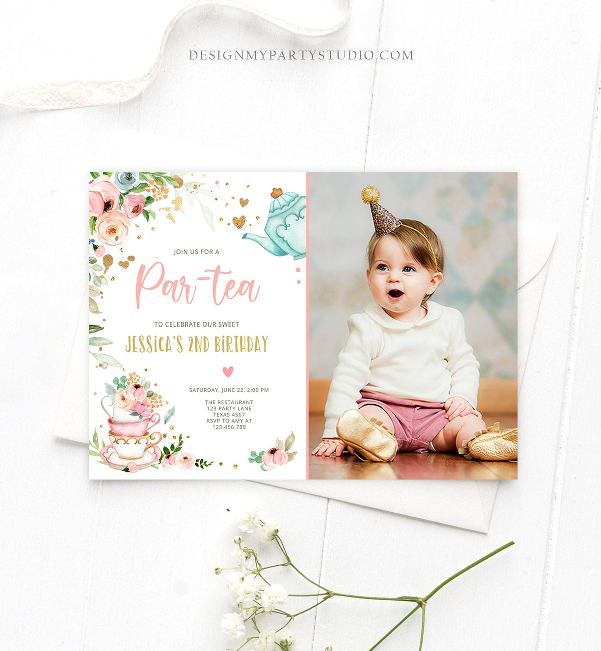 Editable Tea Party Birthday Invitation Par-Tea Birthday Invite Pink and Gold Floral Whimsical Download Printable Template Corjl Digital 0349