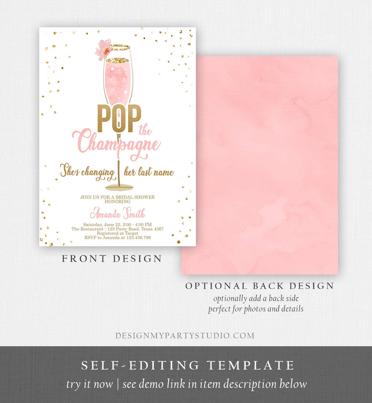 Editable Pop the Champagne Bridal Shower Invitation Shes Changing her Last Name Pink Engagement Party Download Evite Template Printable 0150