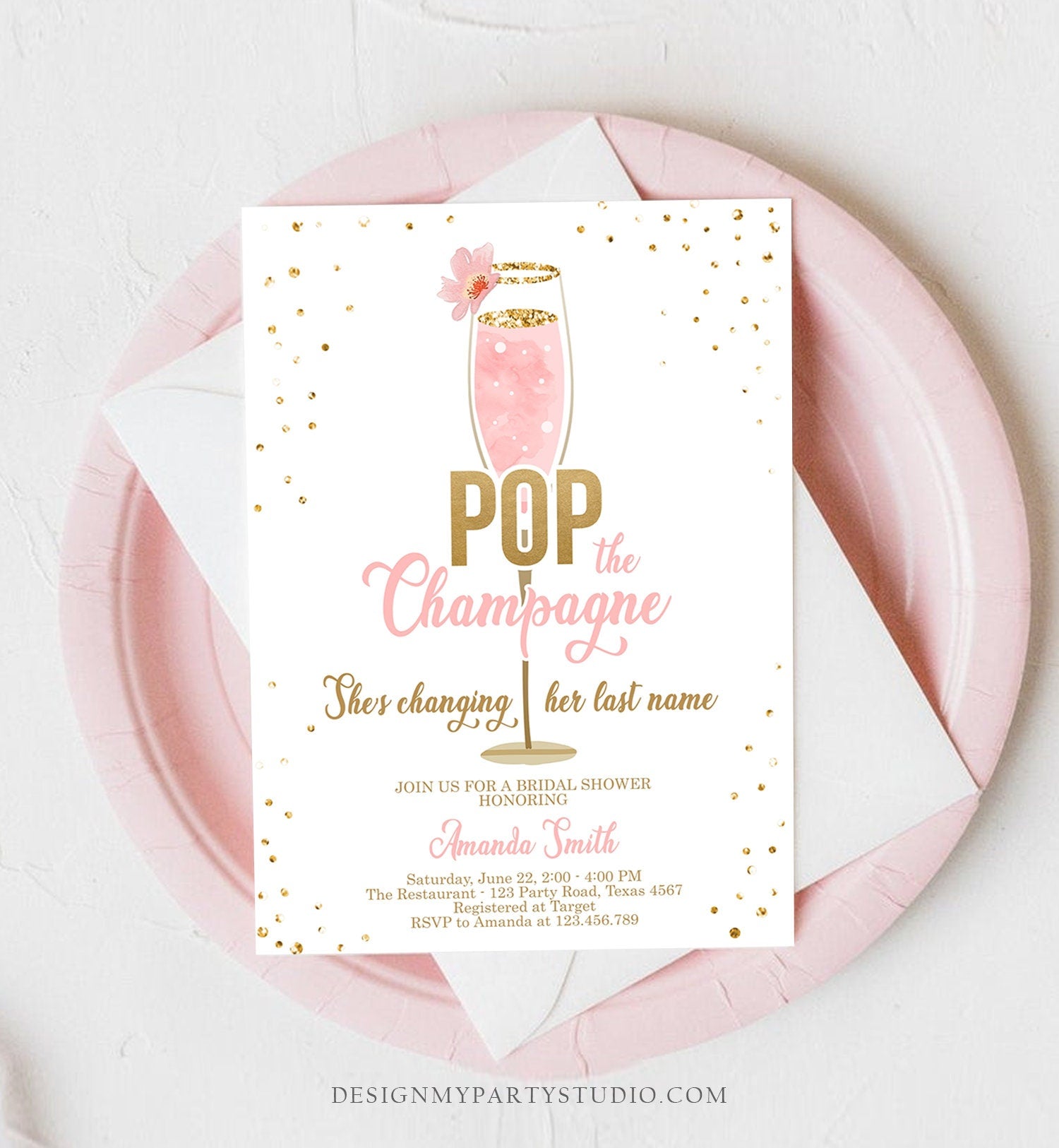 Editable Pop the Champagne Bridal Shower Invitation Shes Changing her Last Name Pink Engagement Party Download Evite Template Printable 0150