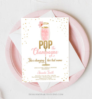 Editable Pop the Champagne Bridal Shower Invitation Shes Changing her Last Name Pink Engagement Party Download Printable Template Corjl 0150