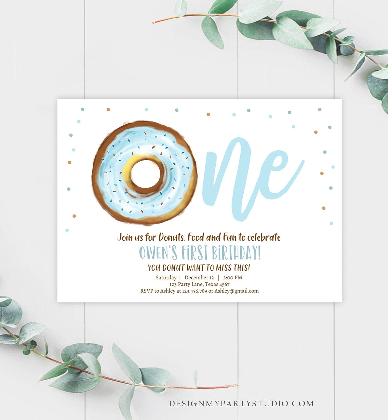 Editable Donut 1st Birthday Invitation Donut Birthday Invite Blue Donut Sweet Boy Boys First Birthday Download Printable Template Corjl 0368