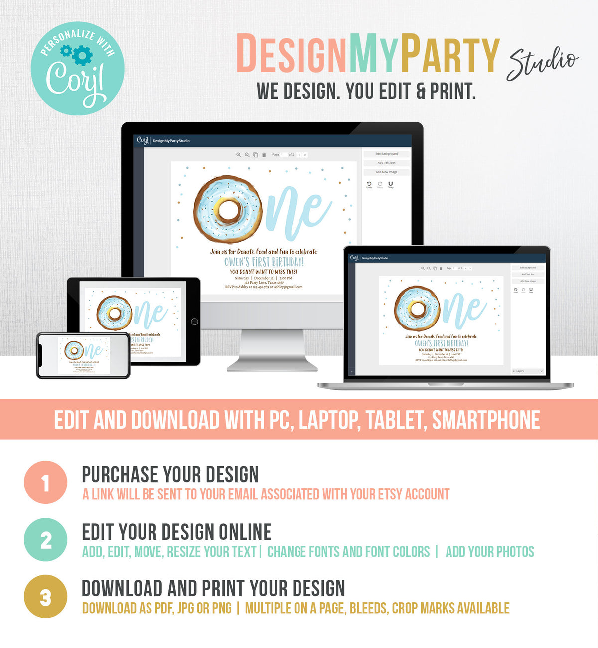 Editable Donut 1st Birthday Invitation Donut Birthday Invite Blue Donut Sweet Boy Boys First Birthday Download Printable Template Corjl 0368