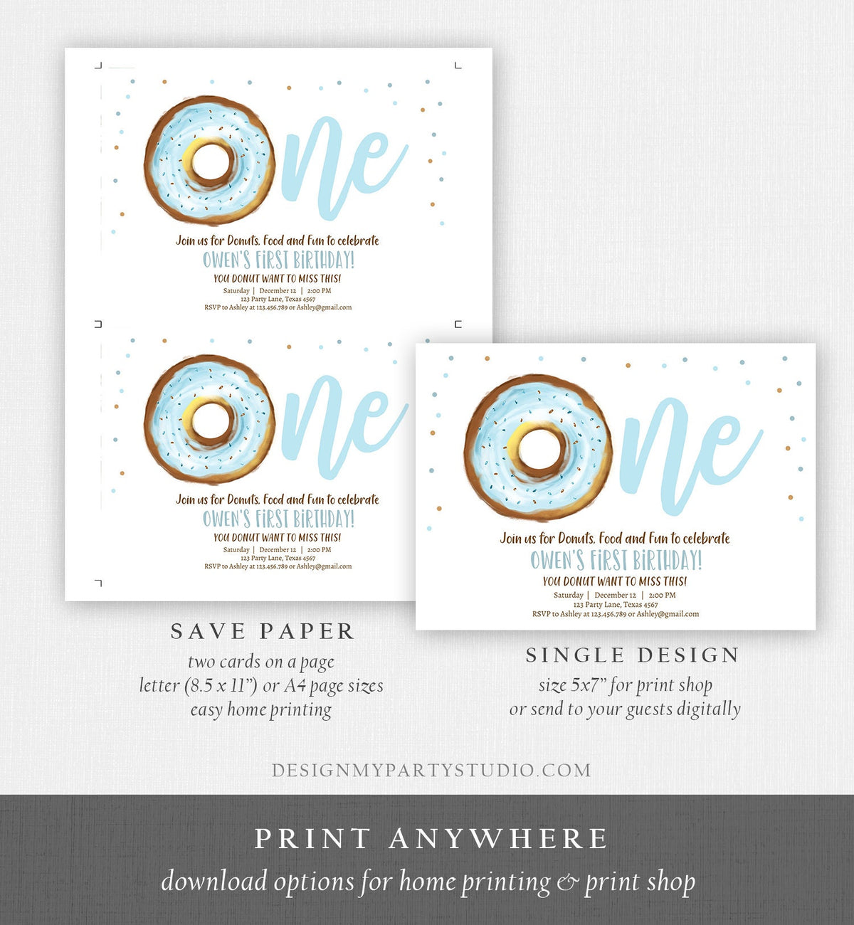 Editable Donut 1st Birthday Invitation Donut Birthday Invite Blue Donut Sweet Boy Boys First Birthday Download Printable Template Corjl 0368