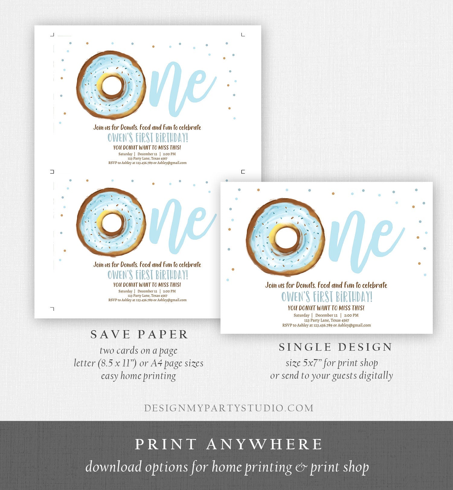Editable Donut 1st Birthday Invitation Donut Birthday Invite Blue Donut Sweet Boy Boys First Birthday Download Printable Template Corjl 0368