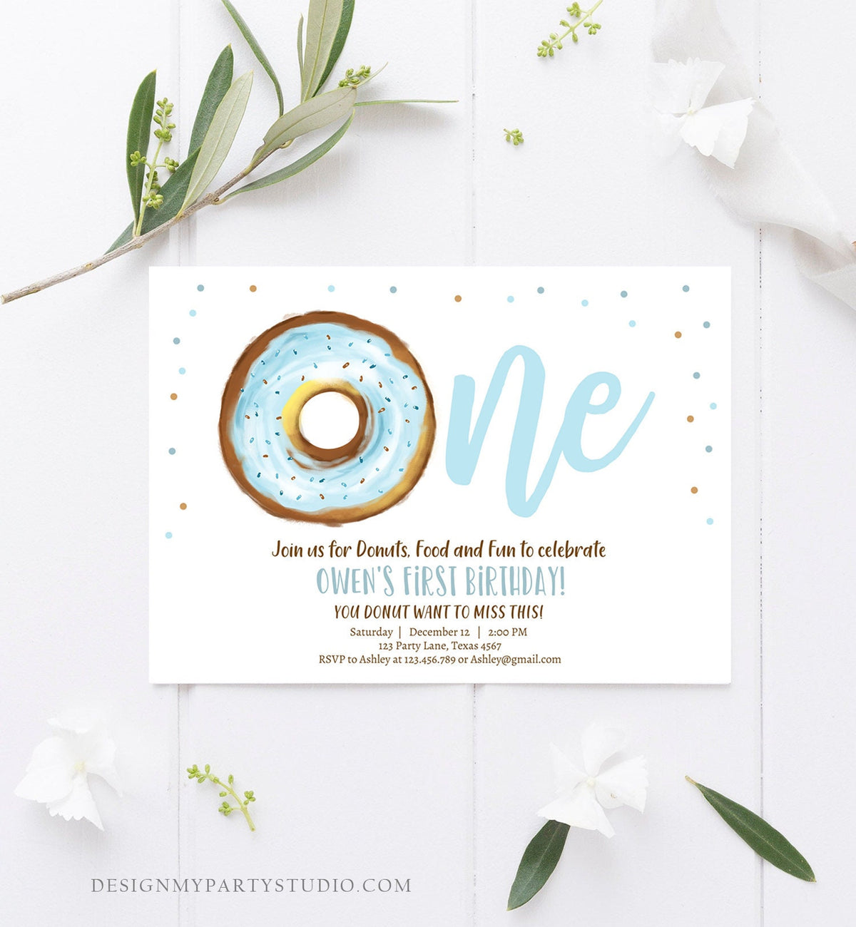 Editable Donut 1st Birthday Invitation Donut Birthday Invite Blue Donut Sweet Boy Boys First Birthday Download Printable Template Corjl 0368