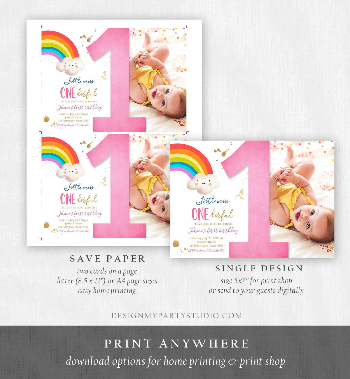 Editable Rainbow 1st Birthday Invitation Little Miss Onederful Rainbow Colors First 1st Girl Colorful Digital Download Template Printable