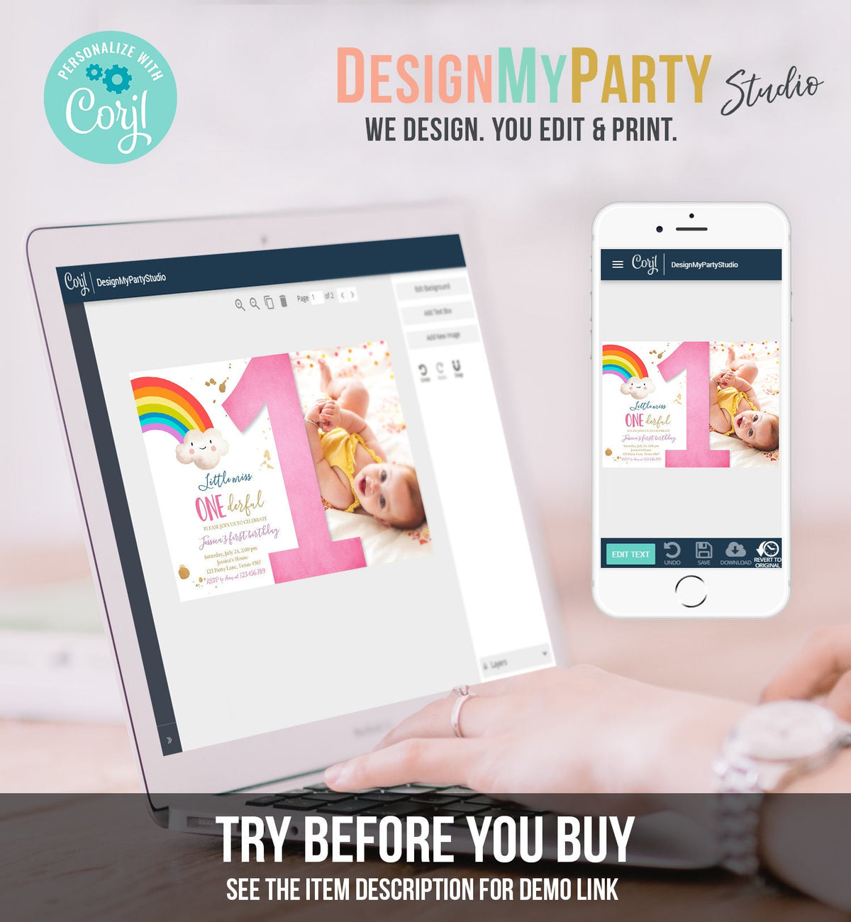 Editable Rainbow 1st Birthday Invitation Little Miss Onederful Rainbow Colors First 1st Girl Colorful Digital Download Template Printable