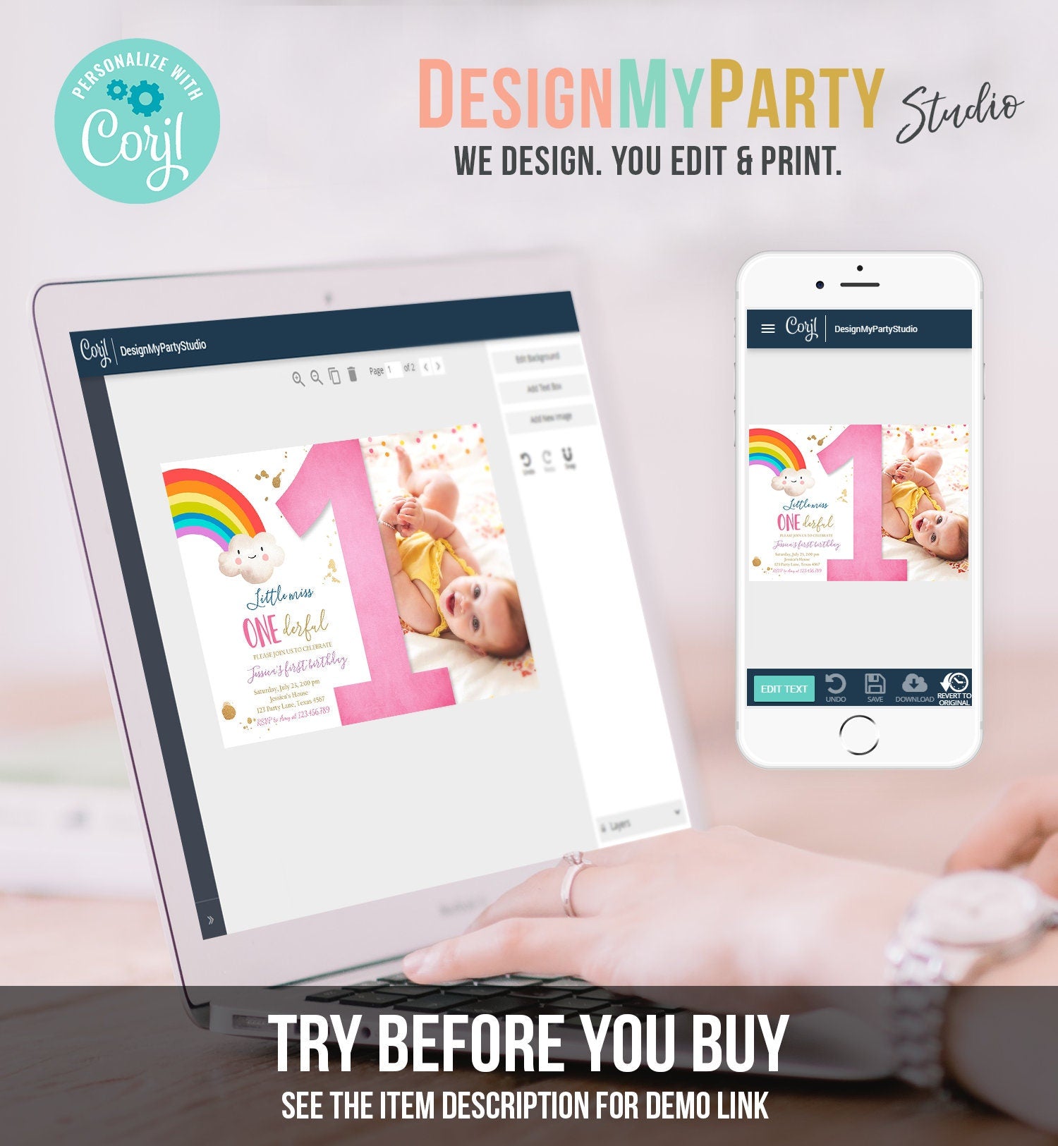 Editable Rainbow 1st Birthday Invitation Little Miss Onederful Rainbow Colors First 1st Girl Colorful Digital Download Template Printable