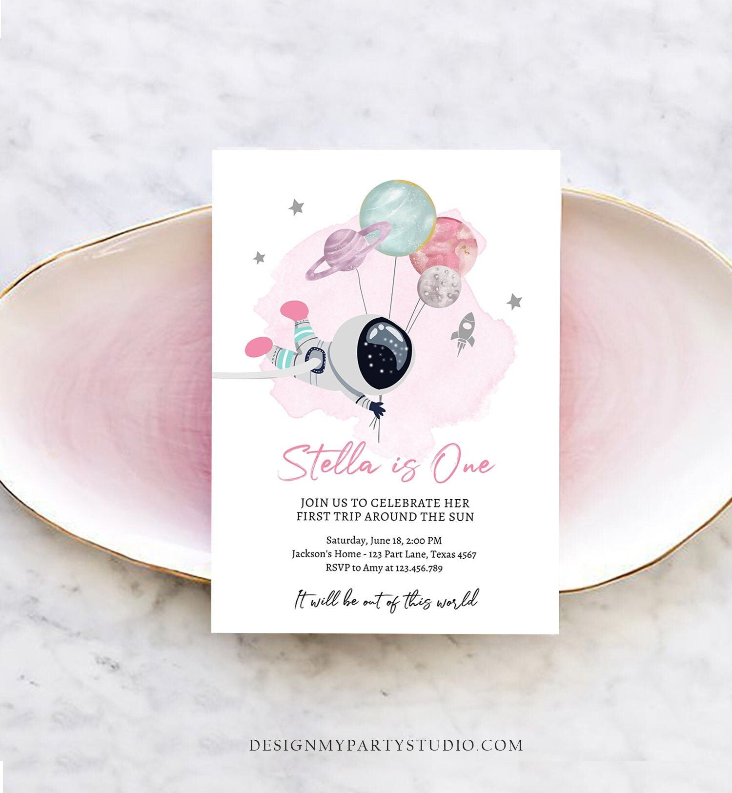 Editable Outer Space Birthday Invitation Girl Out of this World Astronaut Trip Around the Sun Download Printable Template Digital Corjl 0366