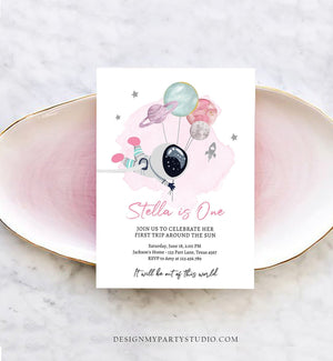 Editable Outer Space Birthday Invitation Girl Out of this World Astronaut Trip Around the Sun Download Printable Template Digital Corjl 0366