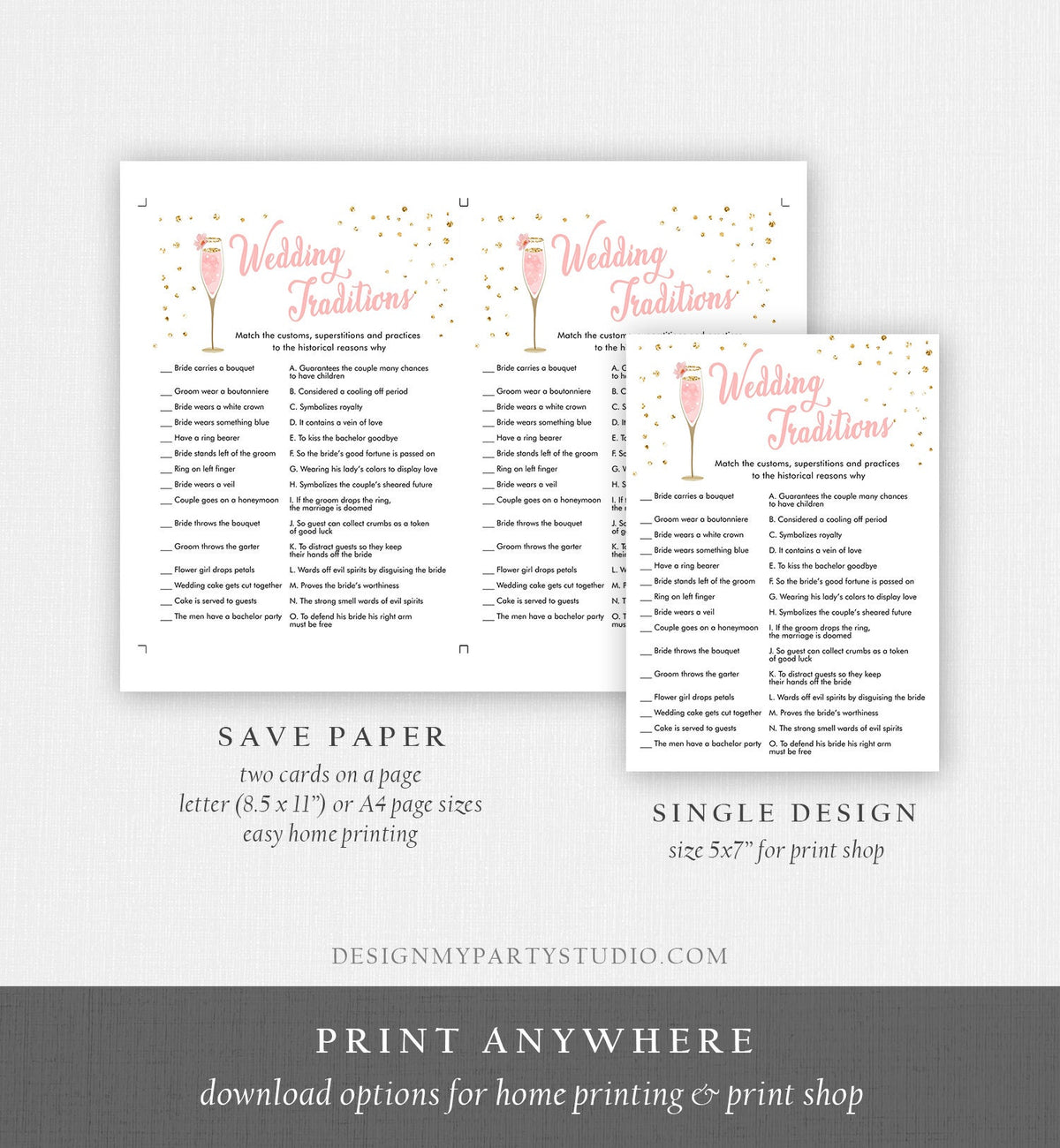 Editable Wedding Traditions Bridal Shower Game Guessing Tradition Brunch and Bubbly Wedding Shower Activity Corjl Template Printable 0150