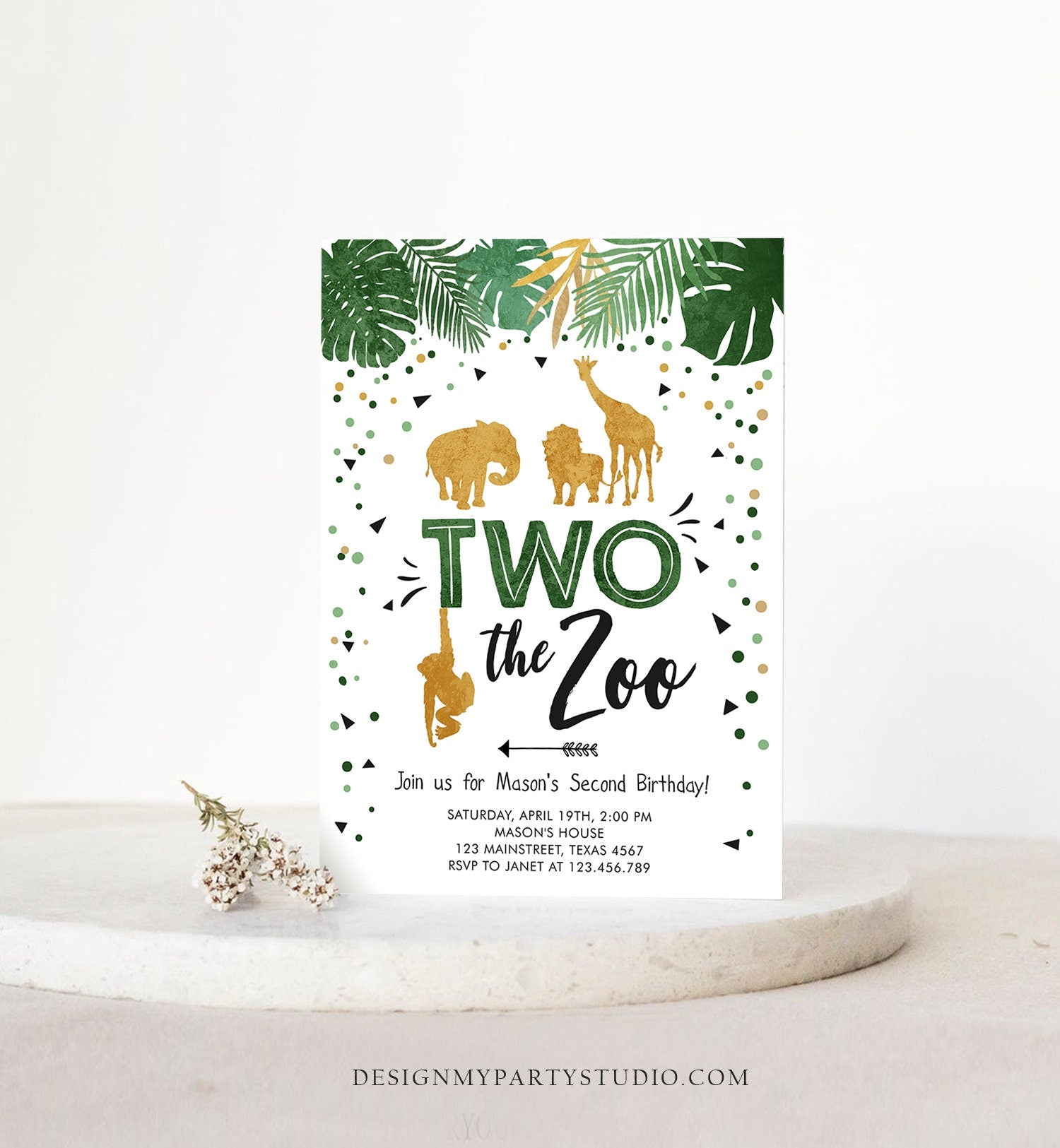 Editable Two the Zoo Birthday Invitation Party Safari Animals Jungle Boy Second Birthday 2nd Two Wild Gold Digital Template Printable 0016