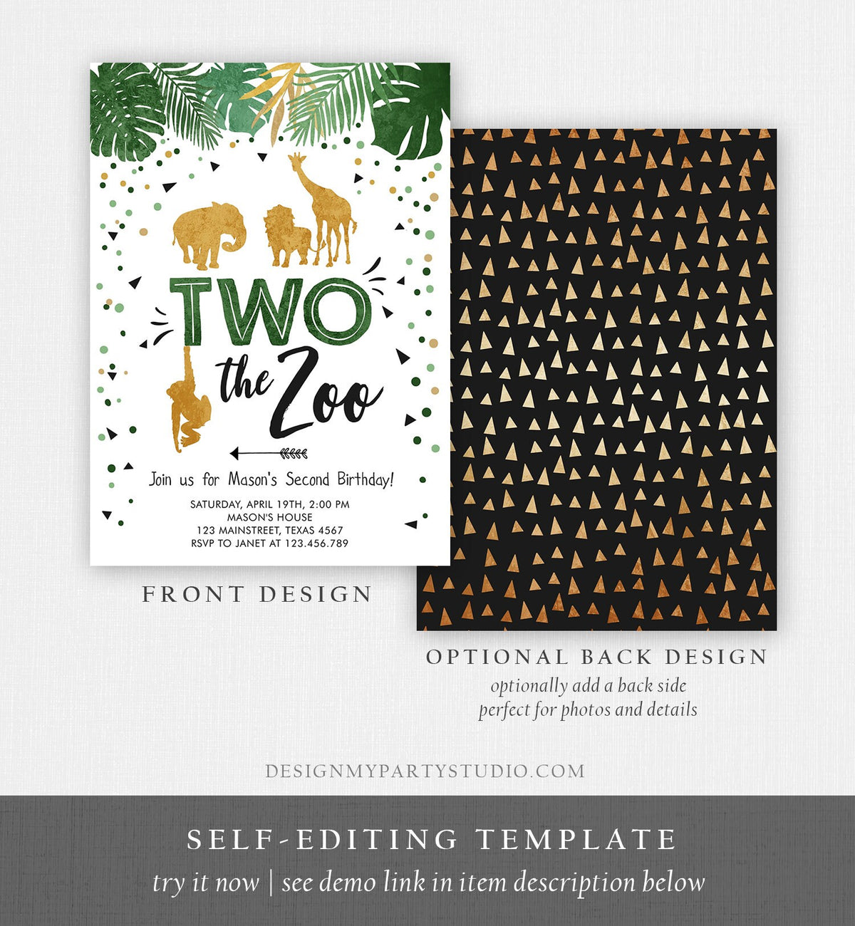 Editable Two the Zoo Birthday Invitation Party Safari Animals Jungle Boy Second Birthday 2nd Two Wild Gold Digital Template Printable 0016