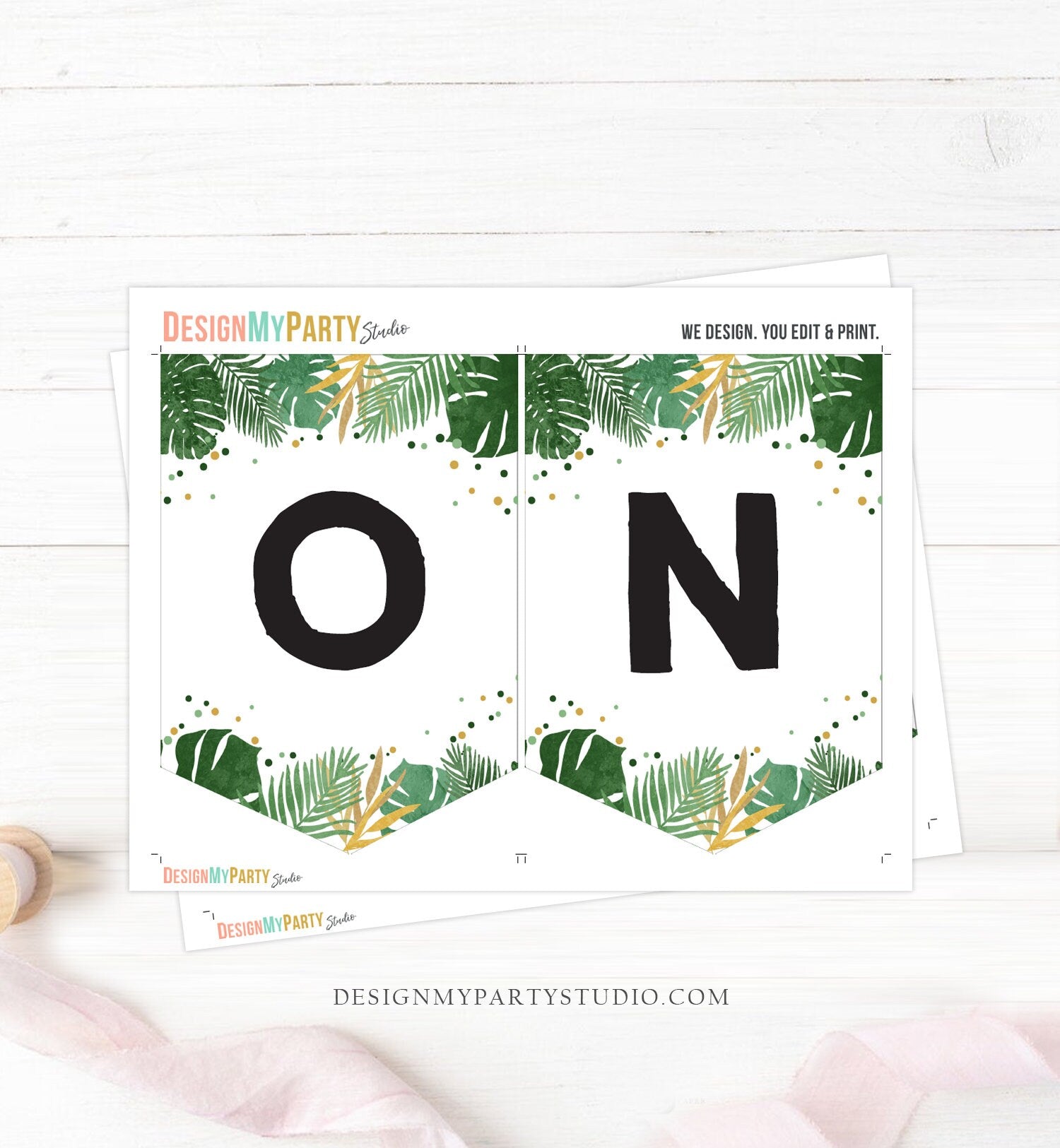One Wild Year Birthday Banner Wild One Banner Safari Tropical Leaves Safari Animals Black Gold Wild Digital Download DIY Printable 0332