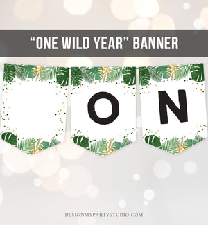 One Wild Year Birthday Banner Wild One Banner Safari Tropical Leaves Safari Animals Black Gold Wild Digital Download DIY Printable 0332