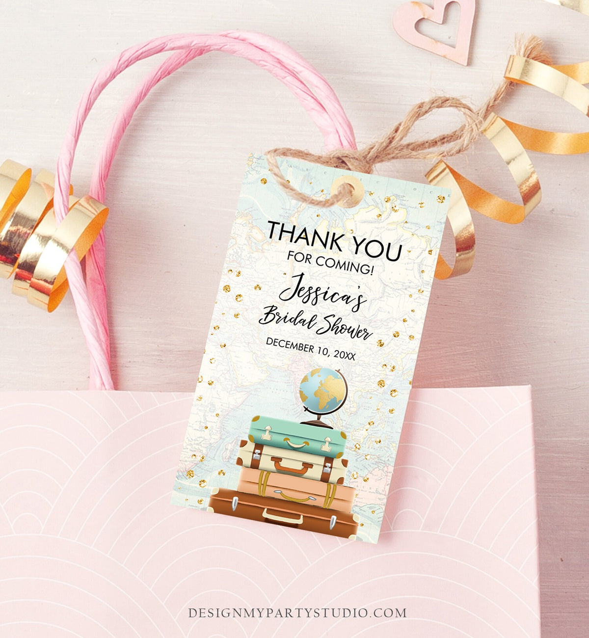 Editable Travel Thank You Favor Tag World Map Suitcases Traveling to Mrs Bridal Shower Baby Shower Adventure Corjl Template Printable 0263