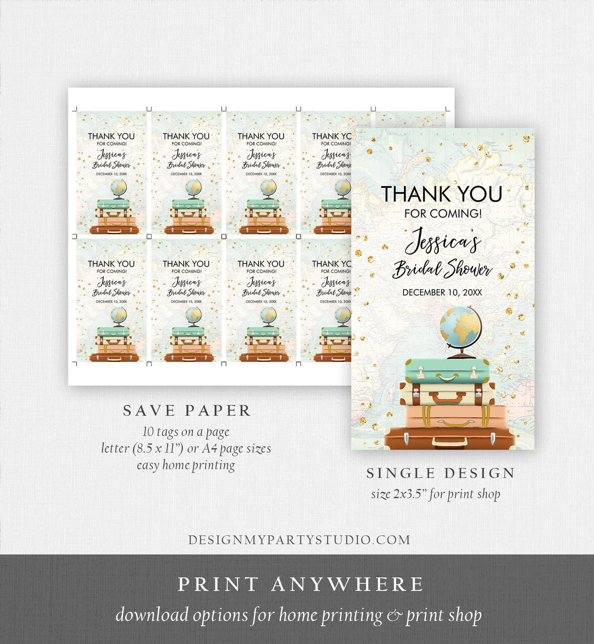 Editable Travel Thank You Favor Tag World Map Suitcases Traveling to Mrs Bridal Shower Baby Shower Adventure Corjl Template Printable 0263