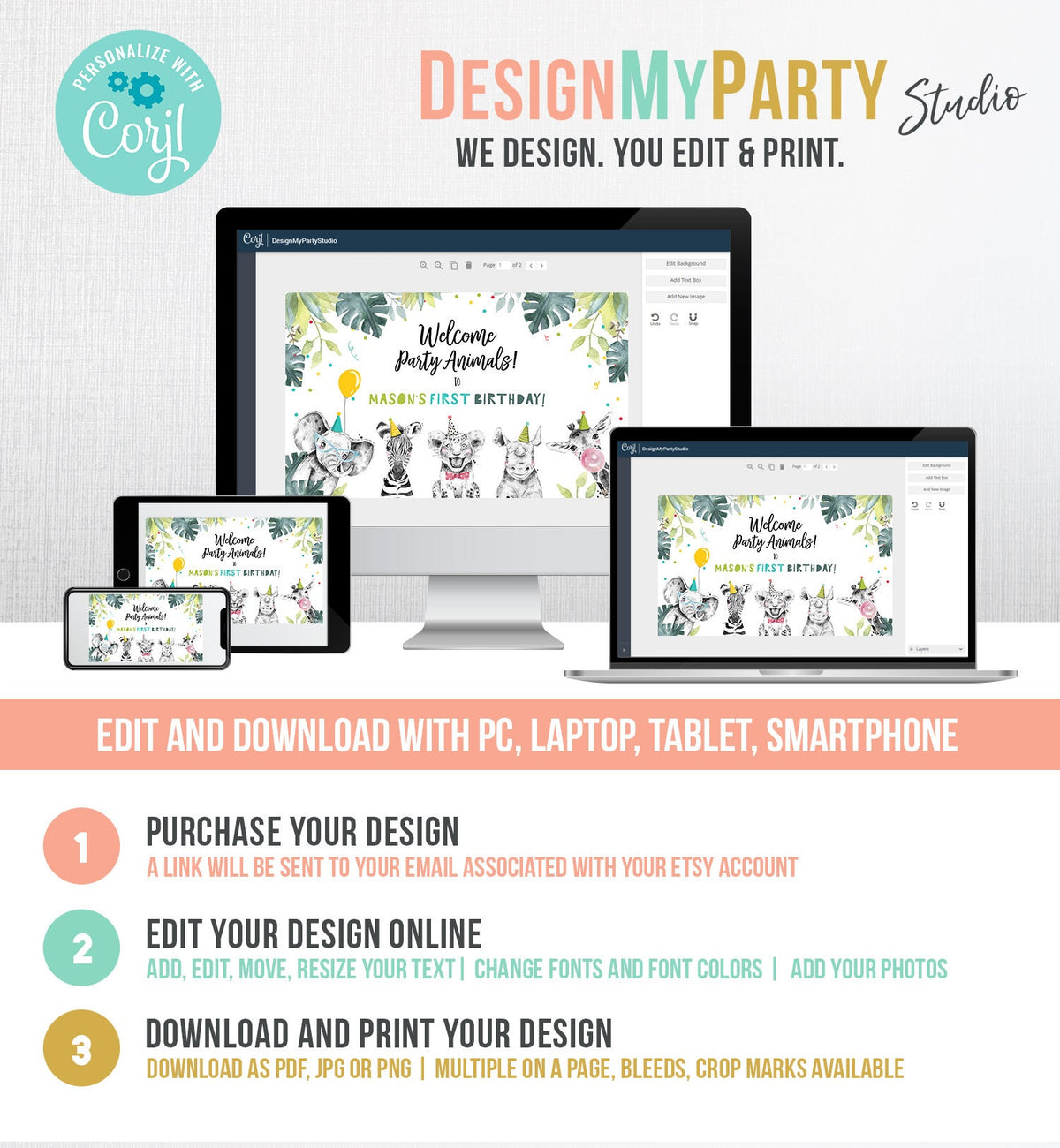 Editable Party Animals Birthday Backdrop Banner Welcome Safari Animals Boy First Birthday Sign Digital Download Template Printable 0322