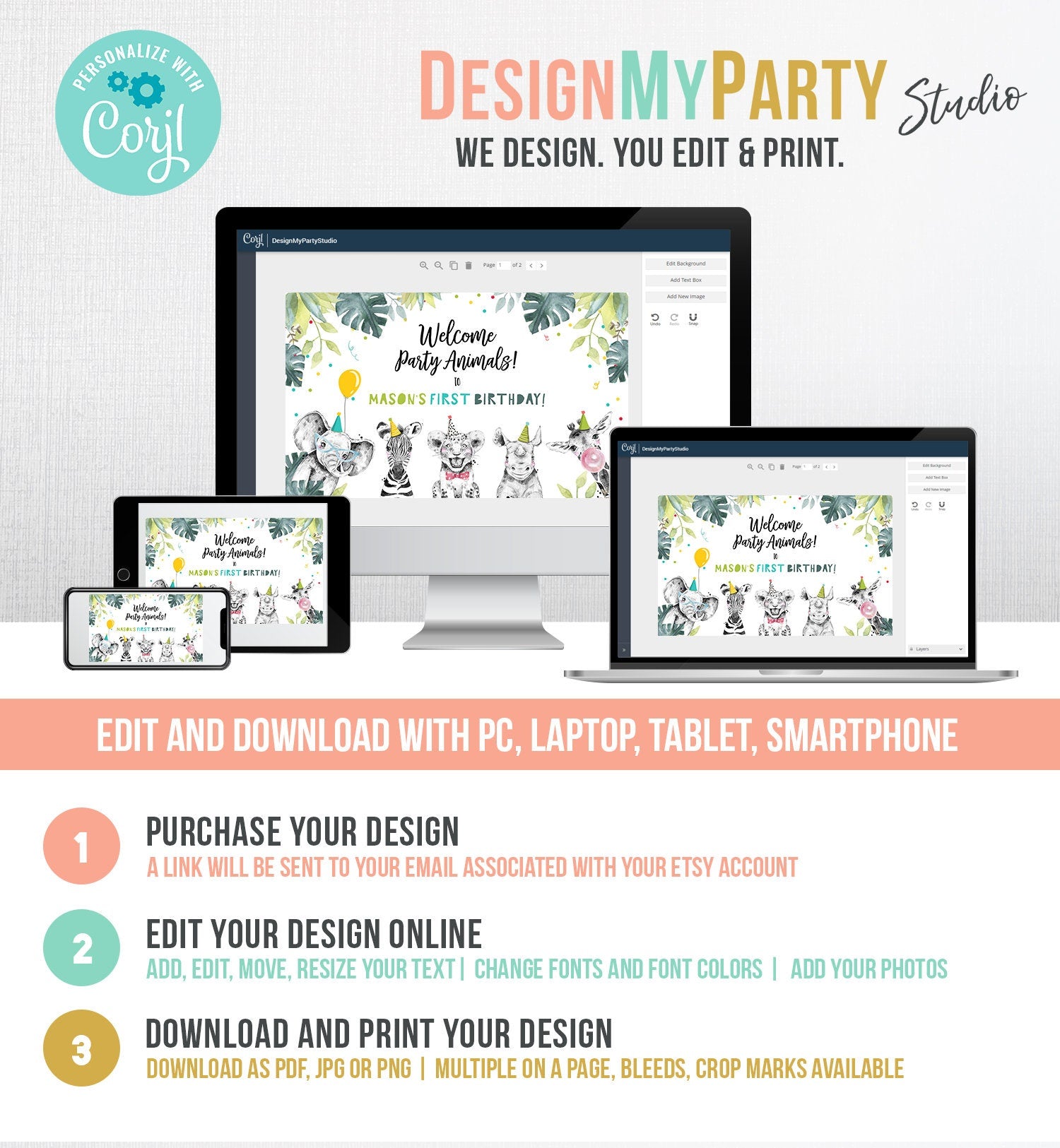 Editable Party Animals Birthday Backdrop Banner Welcome Safari Animals Boy First Birthday Sign Digital Download Template Printable 0322