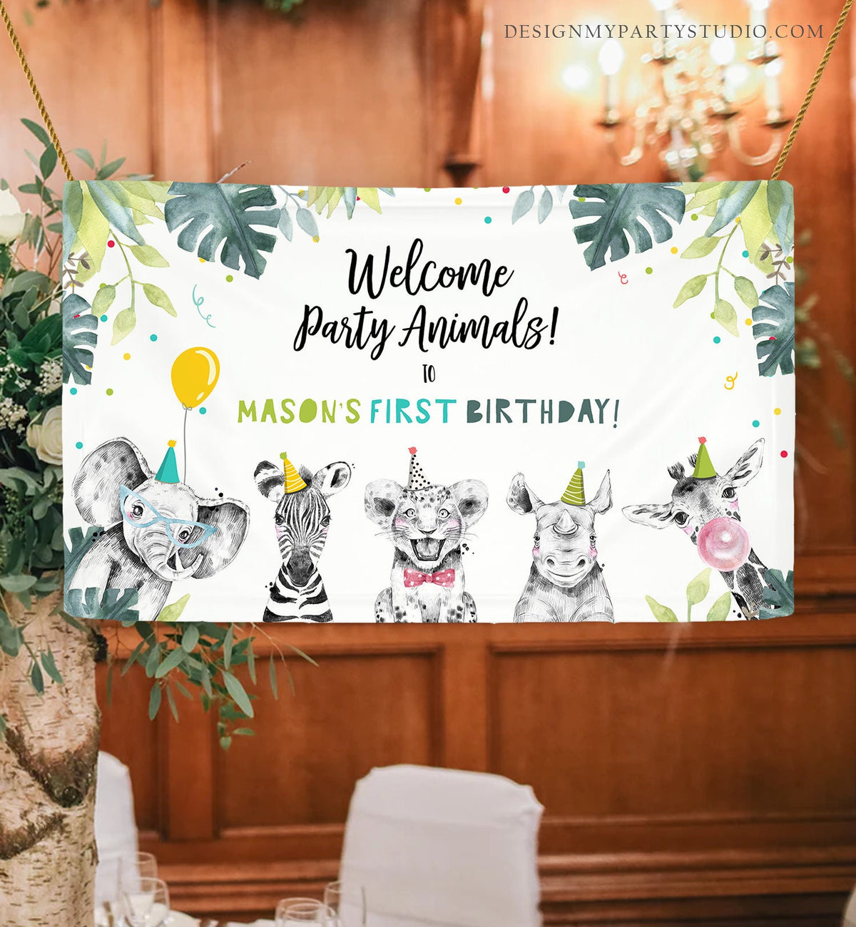 Editable Party Animals Birthday Backdrop Banner Welcome Safari Animals Boy First Birthday Sign Digital Download Template Printable 0322