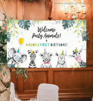 Editable Party Animals Birthday Backdrop Banner Welcome Safari Animals Boy First Birthday Sign Green Download Corjl Template Printable 0322
