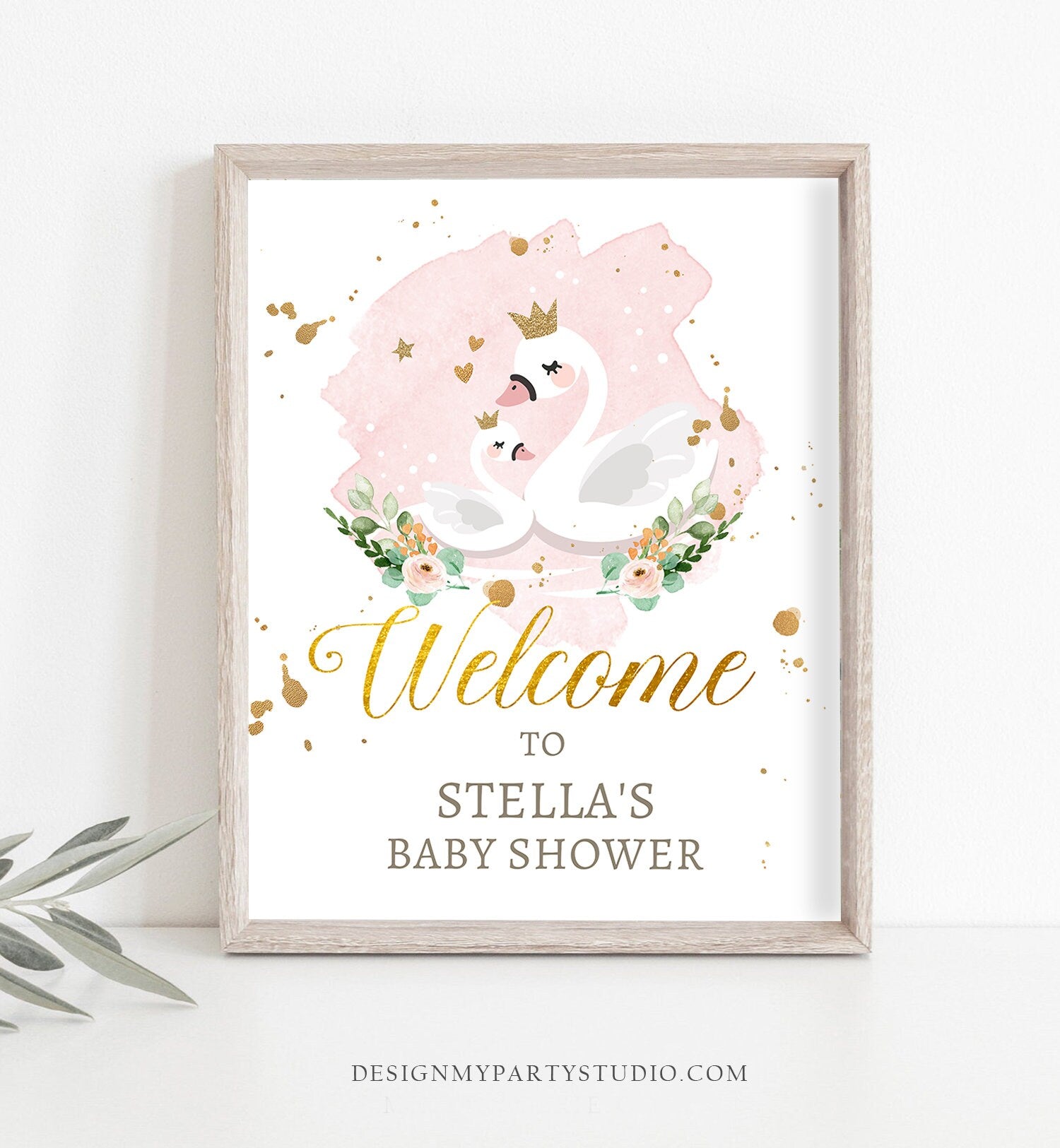 Editable Swan Baby Shower Welcome Sign Swan Welcome Princess Girl Shower Blush Pink Gold Floral Swan Decor Template Corjl PRINTABLE 0382