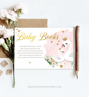 Editable Swan Bring a Book Card Swan Baby Shower Book Insert Books for Baby Princess Pink Gold Girl Shower Template PRINTABLE Corjl 0382